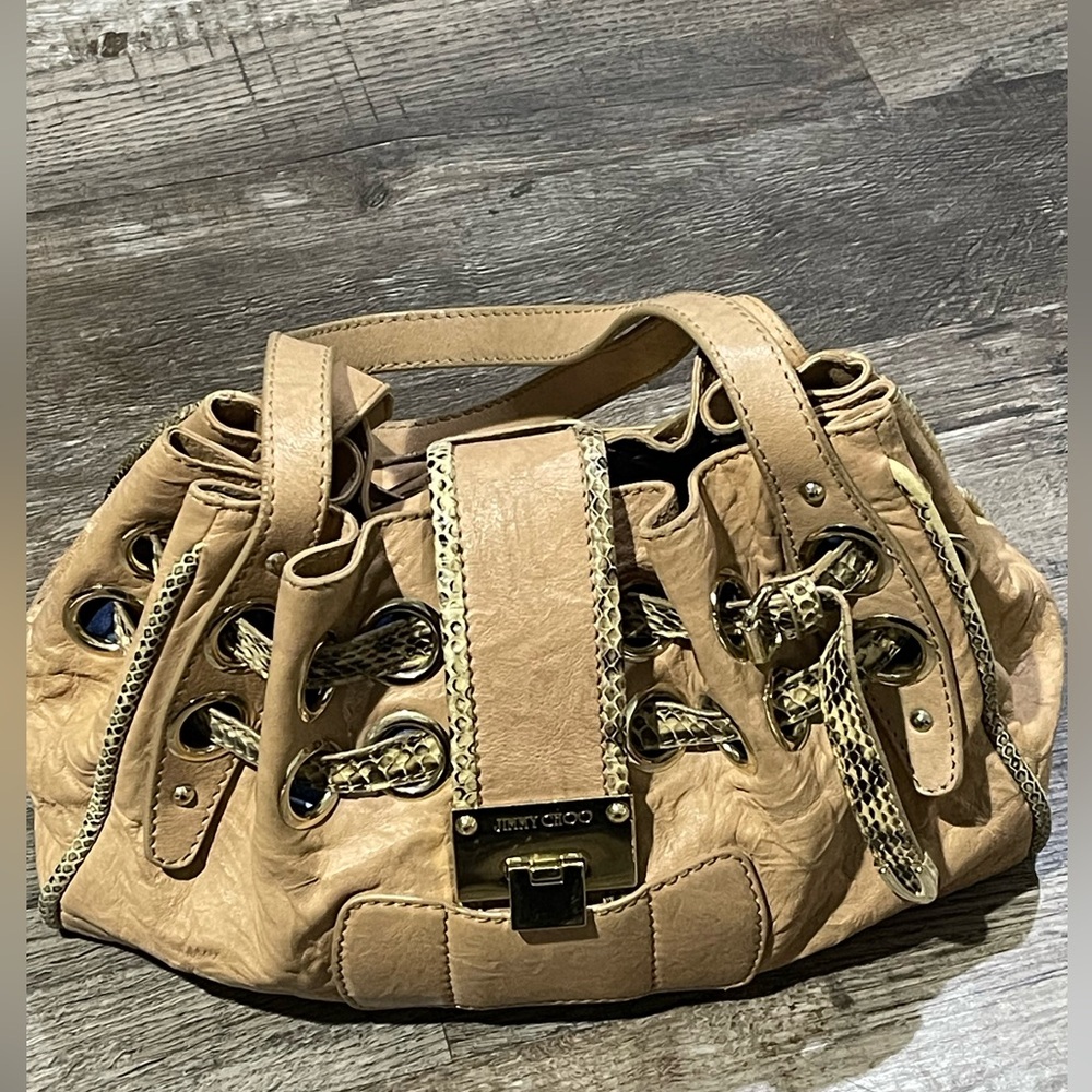 Jimmy Choo Tan and Gold Drawstring Shoulder Bag